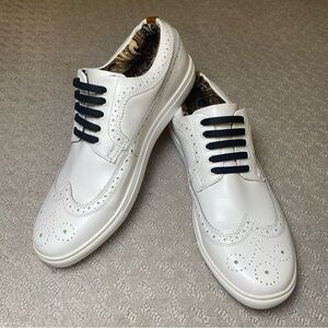 Jump J75 Brogue Men's Wingtip Slip-On Leather Sneakers, Elastic Laces White Sz 9